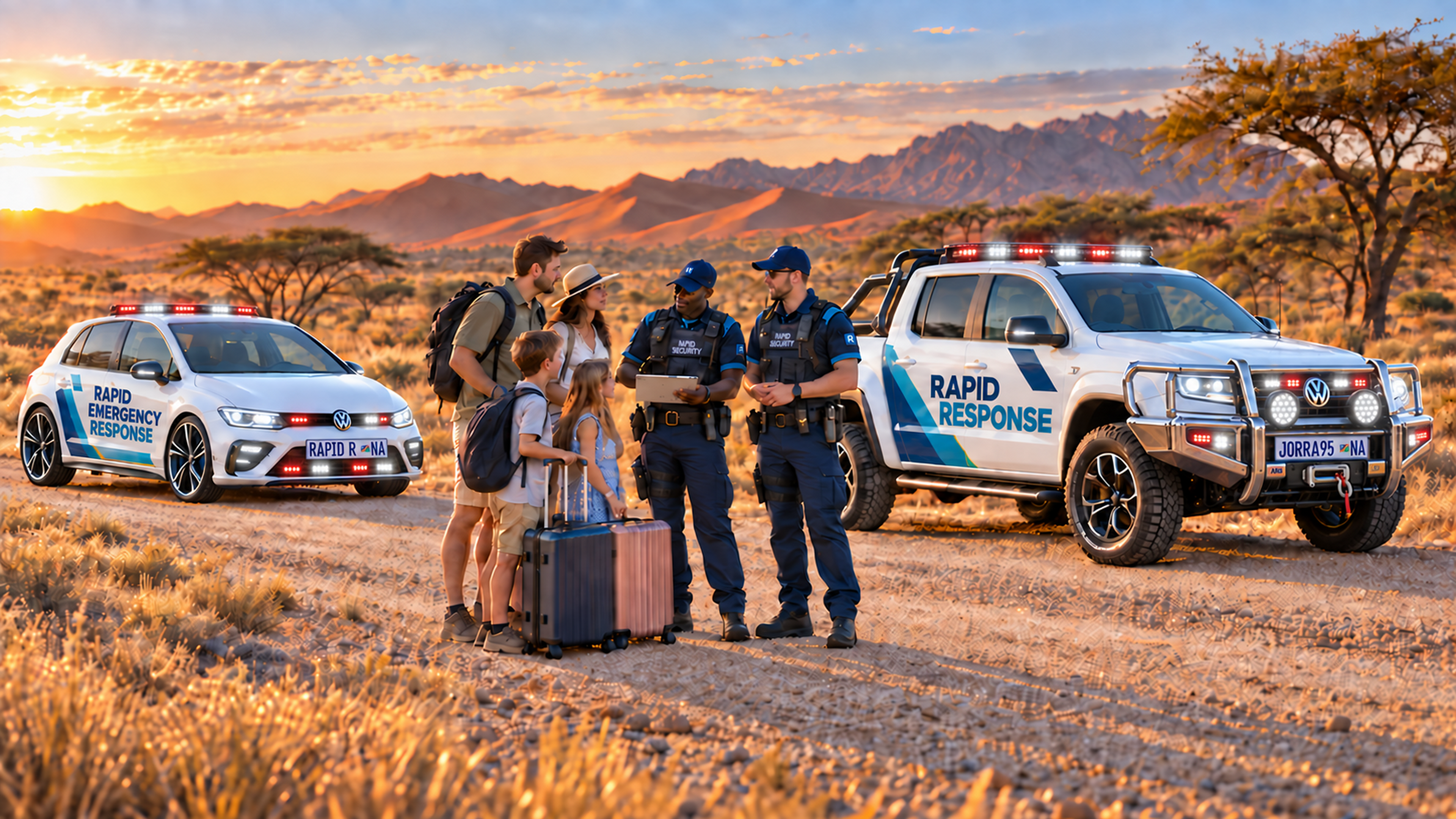 Rapid Security fleet with balanced red-and-white response lights, white mirror lights and bright white headlights
